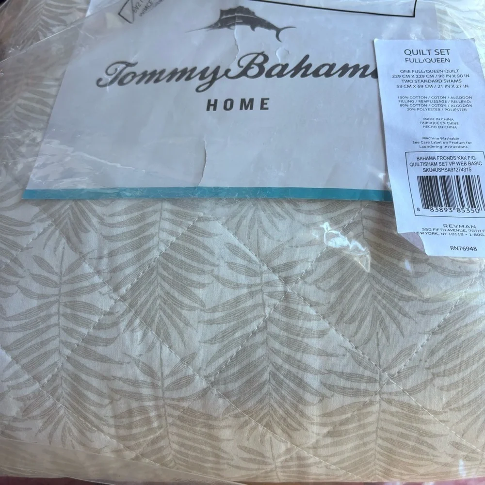 Tommy Bahama Queen Quilt Set, Reversible Cotton Set Shams,Frond Leaf Khaki,Queen